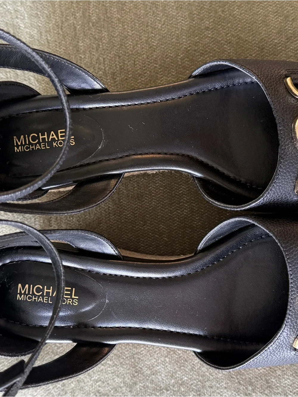 Michael Kors Black Leather Espadrille Wedge  Sandals with Gold MK Hardware
